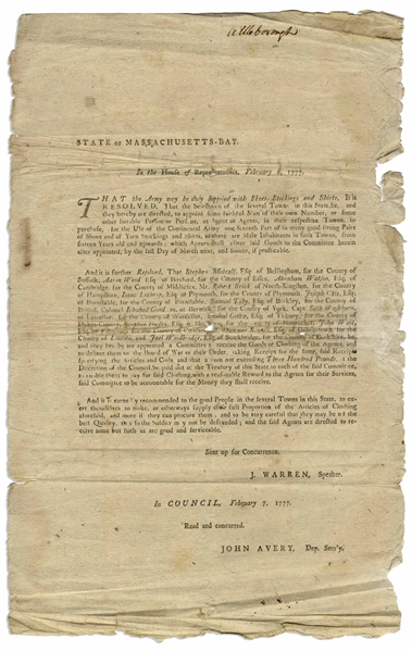 1777 Revolutionary War Broadside -- ''...purchase for the use of the Continental Army...so many good strong Pairs of Shoes...as their are male inhabitants of such towns, from sixteen Years old...''
